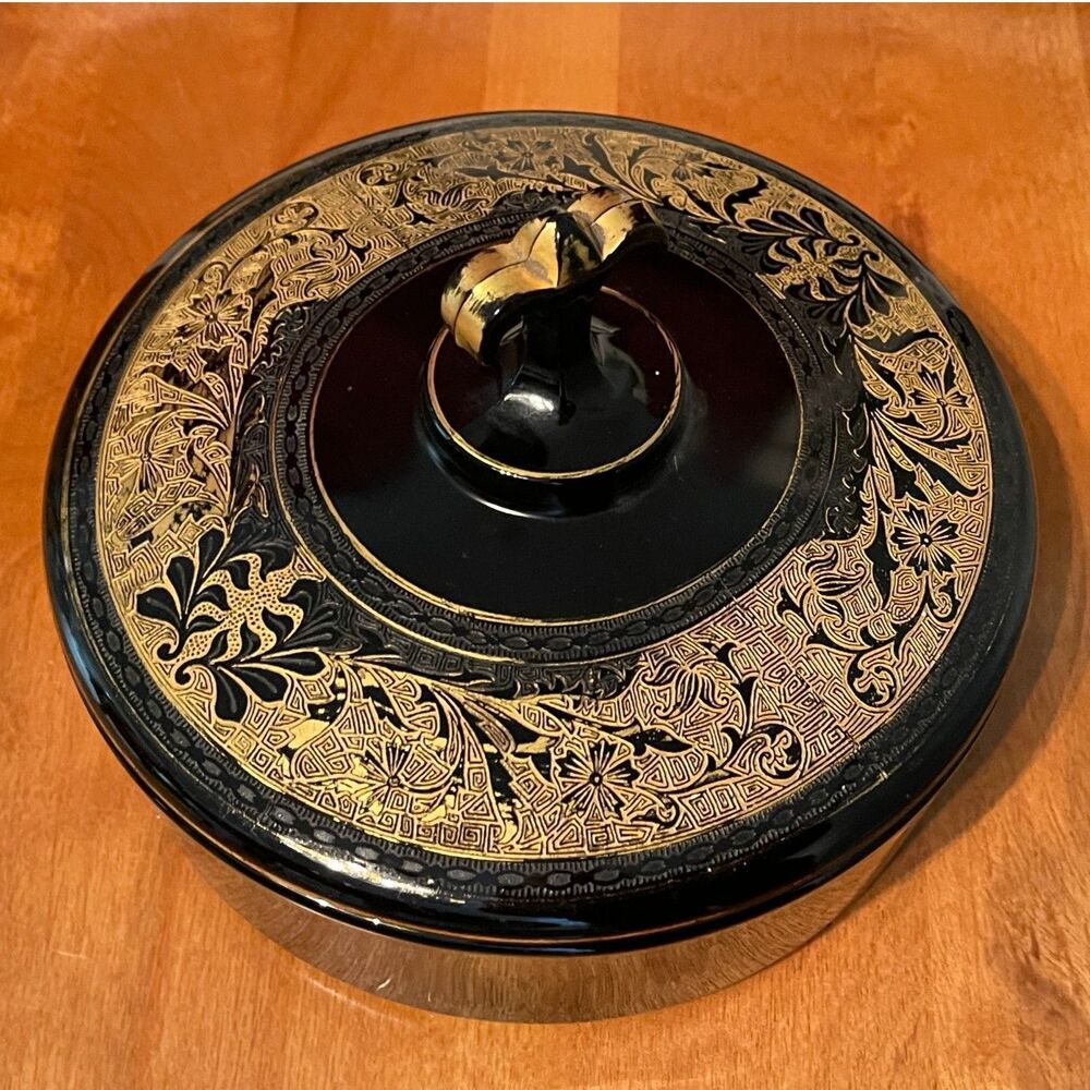 Rare 1930s Black Ebony & Gold Plate Depression Glass Lidded Candy Dish Sections